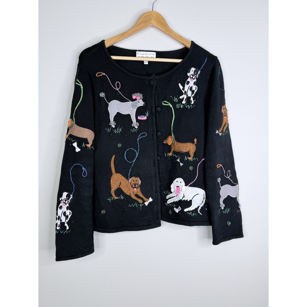 Vintage Dream Catcher Dog Canine Cute Black Cardigan Sweater Size Large